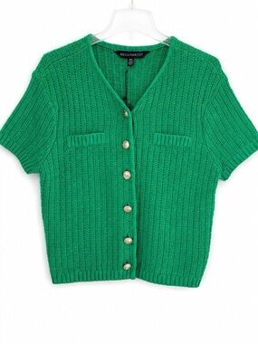 MEG & MARGOT Short-Sleeve Kelly Green Knit Button Cardigan